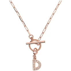 Bronzallure Mini Paper Link With Latter D Pave And T-Bar Necklace