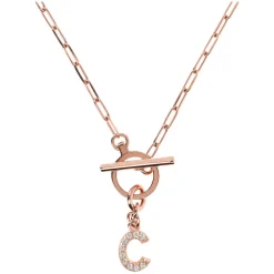 Bronzallure Mini Paper Link With Latter C Pave And T-Bar Necklace