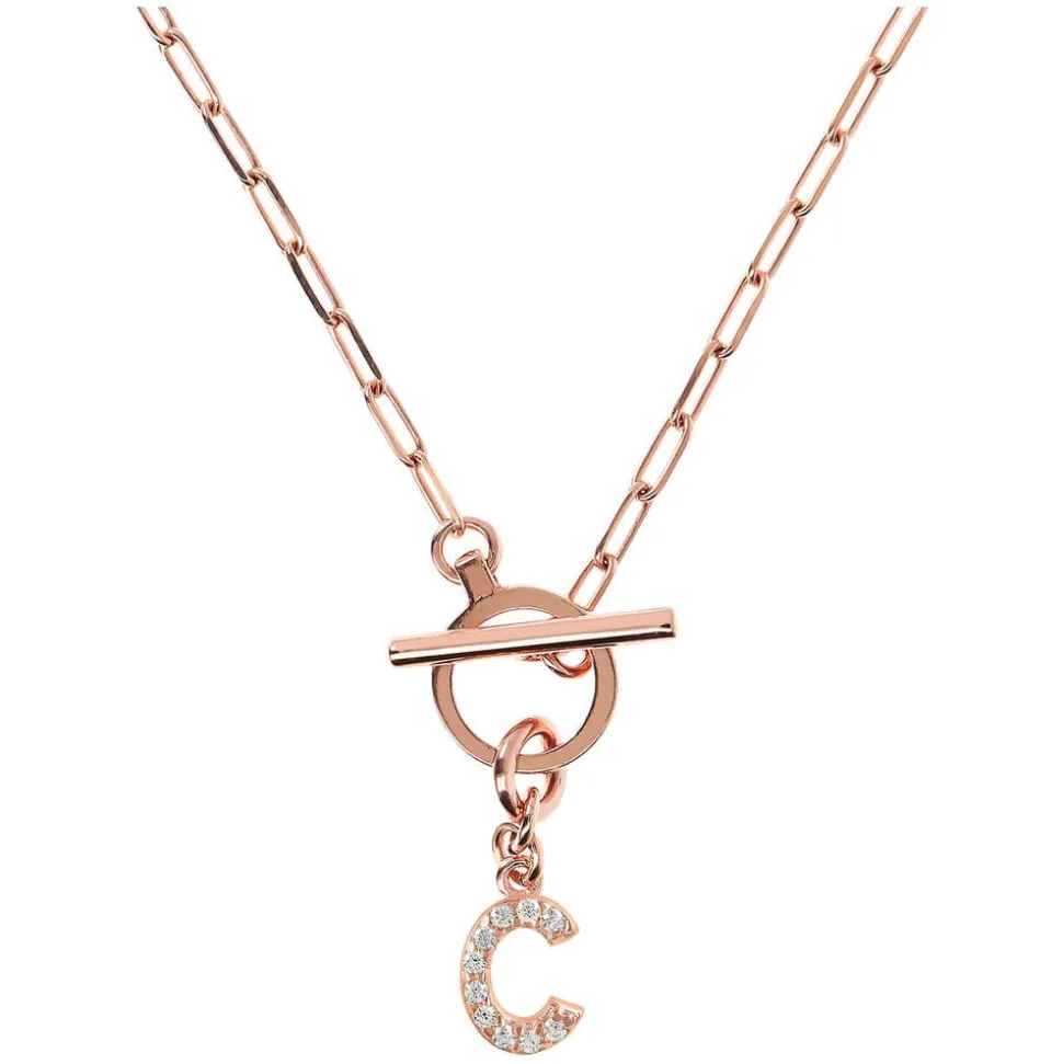 Bronzallure Mini Paper Link With Latter C Pave And T-Bar Necklace