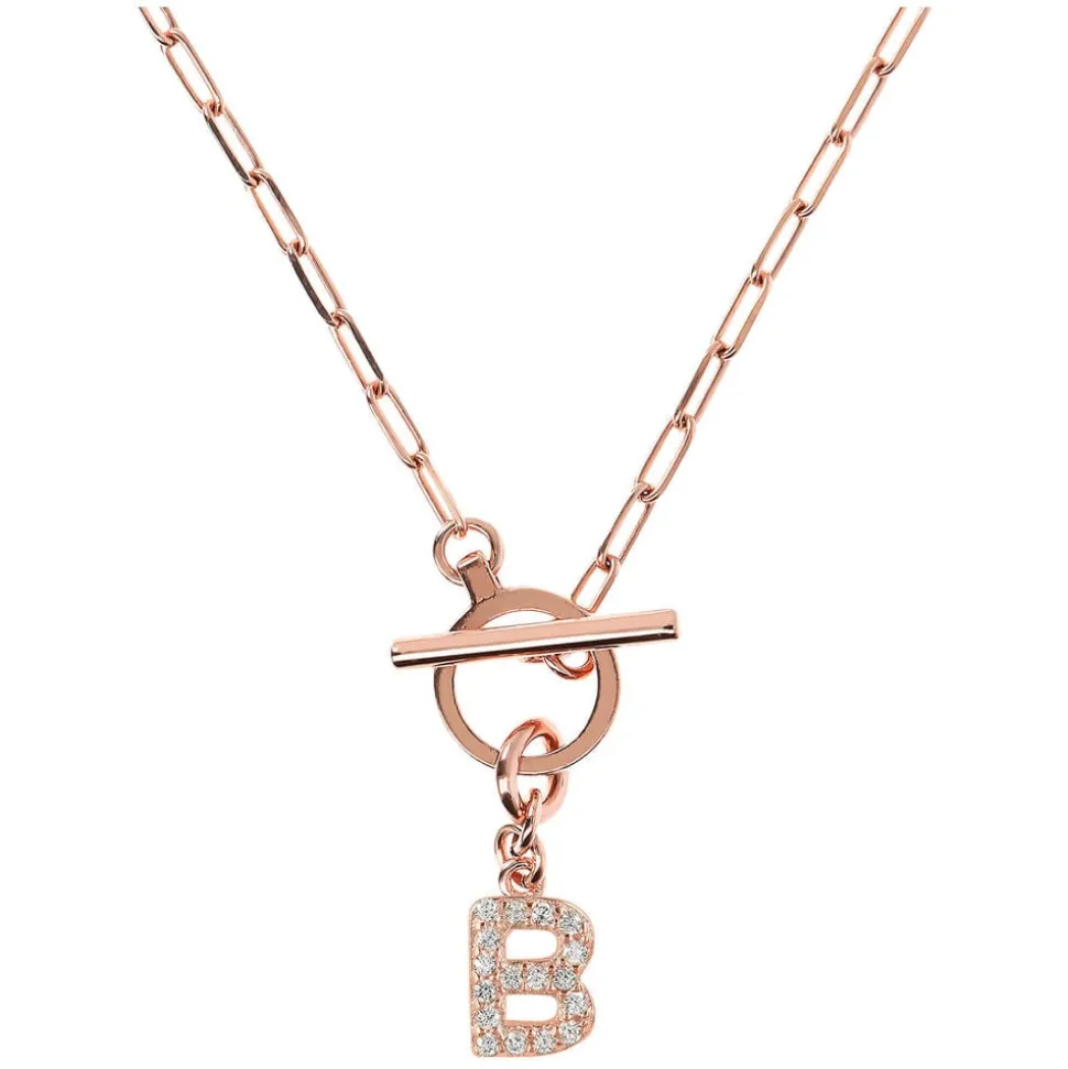 Bronzallure Mini Paper Link With Latter B Pave And T-Bar Necklace