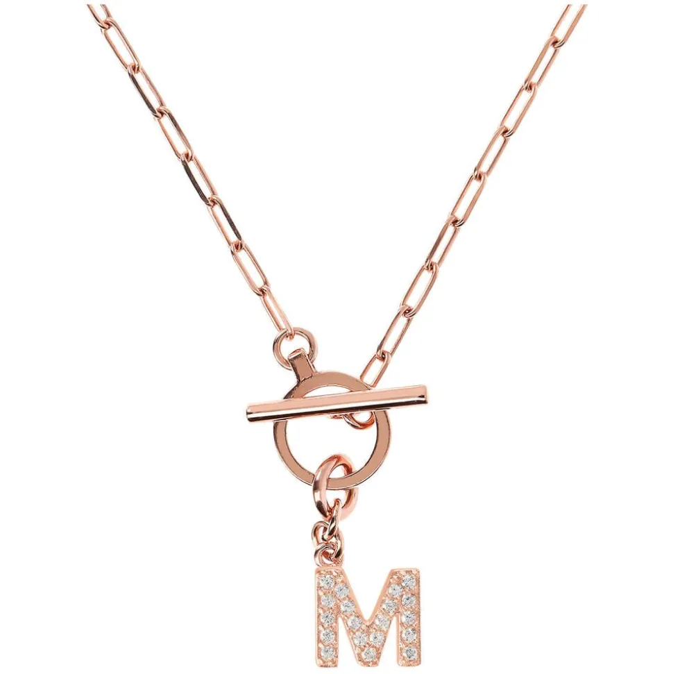 Bronzallure Mini Paper Link With Latter M Pave And T-Bar Necklace