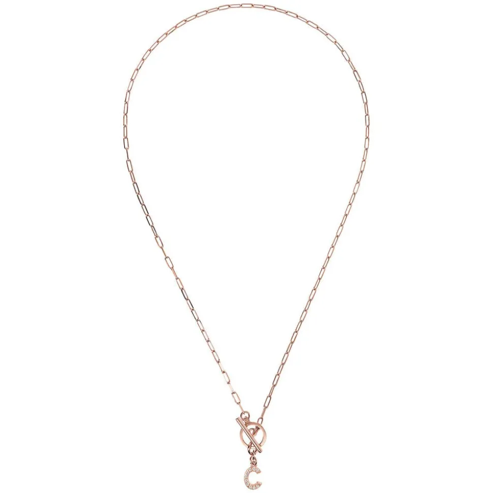 Bronzallure Mini Paper Link With Latter C Pave And T-Bar Necklace