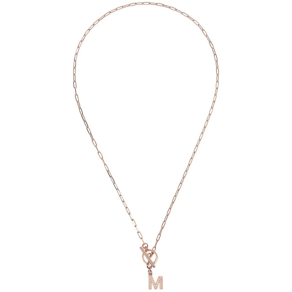 Bronzallure Mini Paper Link With Latter M Pave And T-Bar Necklace