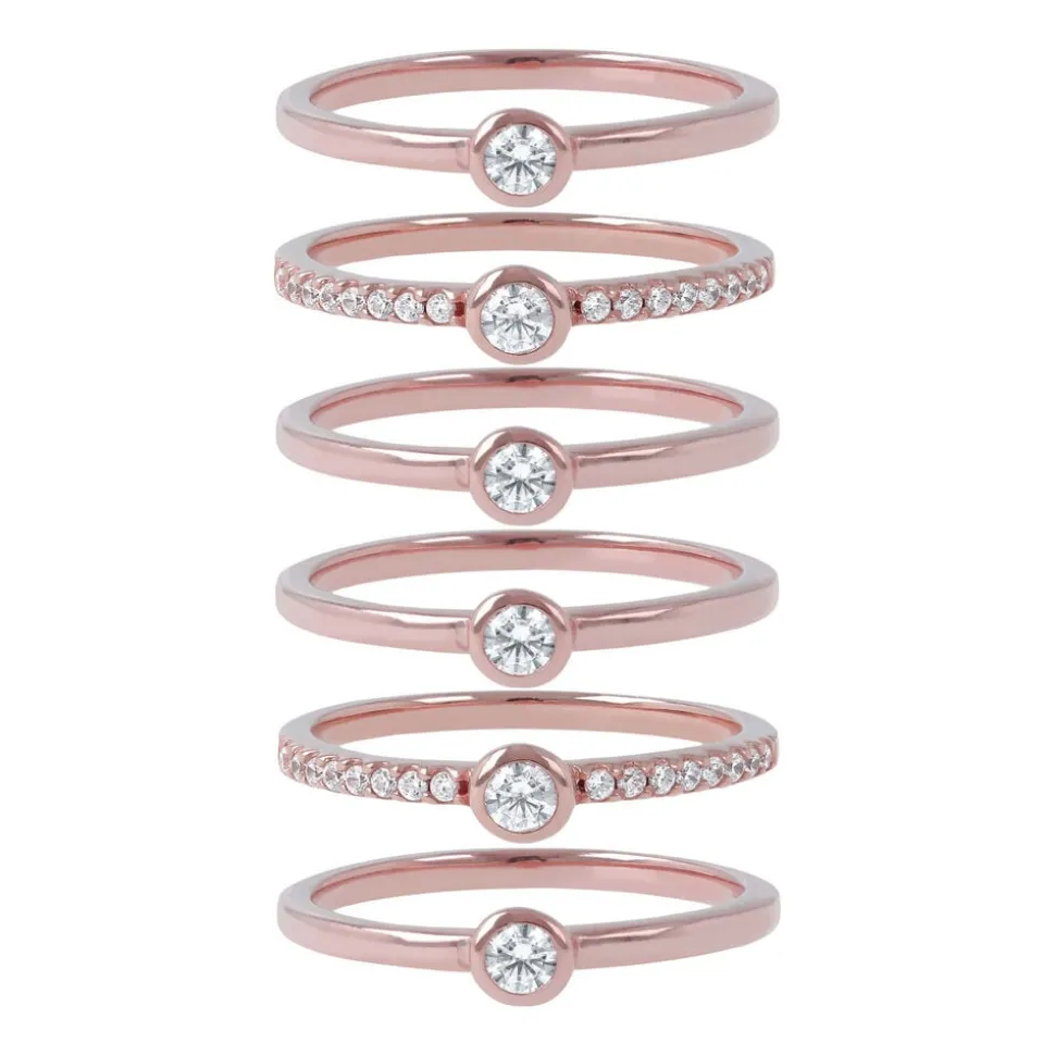 Bronzallure Purezza 18ct Rose Gold-plated Cubic Zirconia Set of 6 Stacking Rings