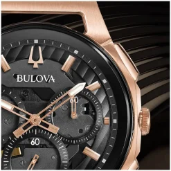 Bulova Curv 44mm Quartz Rose Gold Pvd Black Rubber Strap Watch
