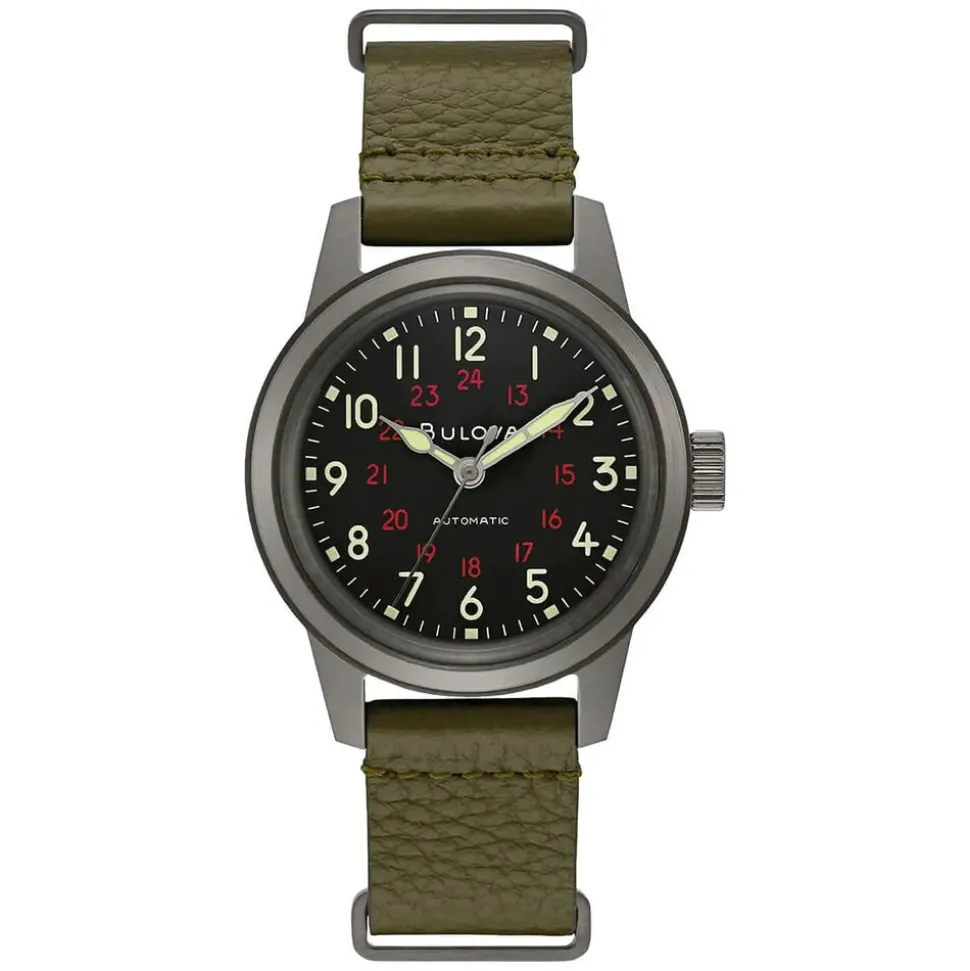 Bulova Hack 38mm Black Dial Green NATO Leather Strap Watch
