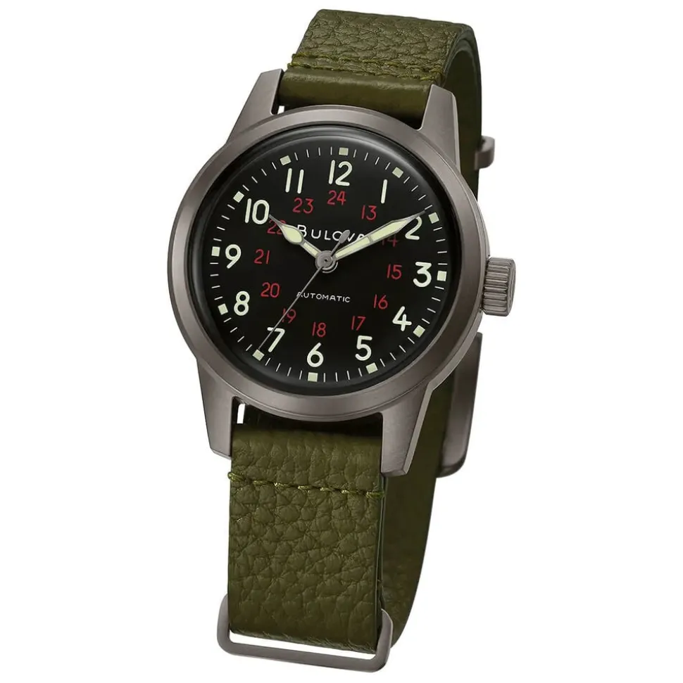 Bulova Hack 38mm Black Dial Green NATO Leather Strap Watch