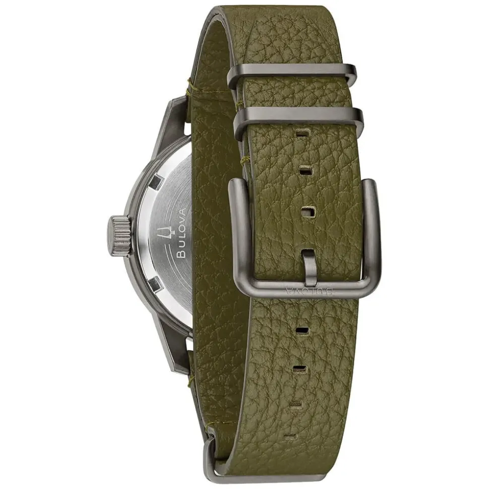 Bulova Hack 38mm Black Dial Green NATO Leather Strap Watch