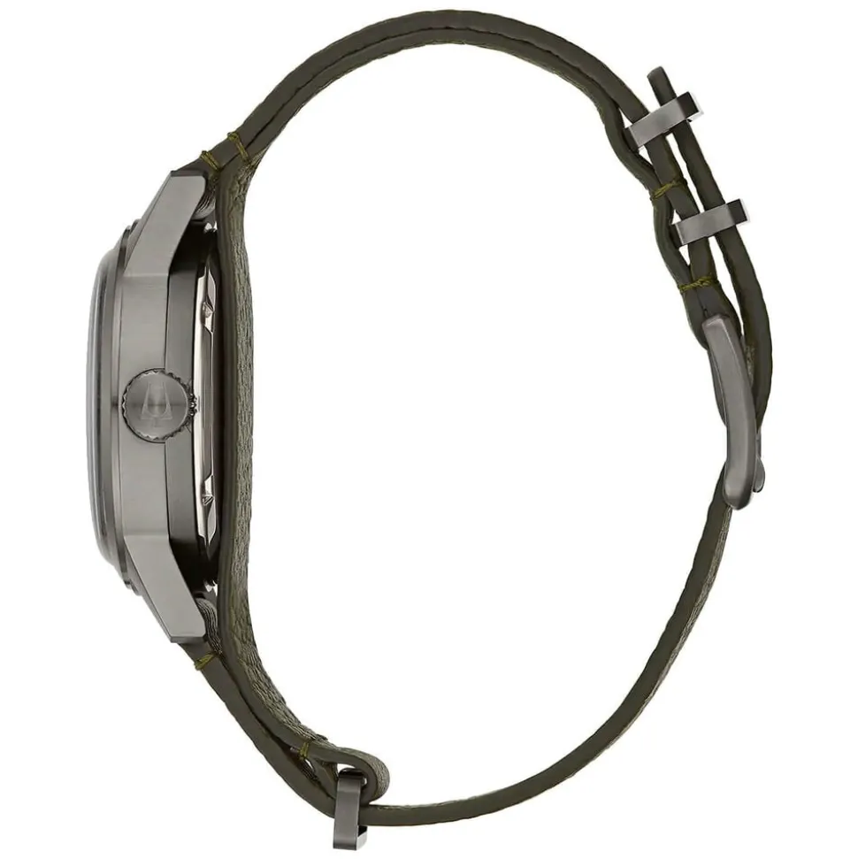Bulova Hack 38mm Black Dial Green NATO Leather Strap Watch