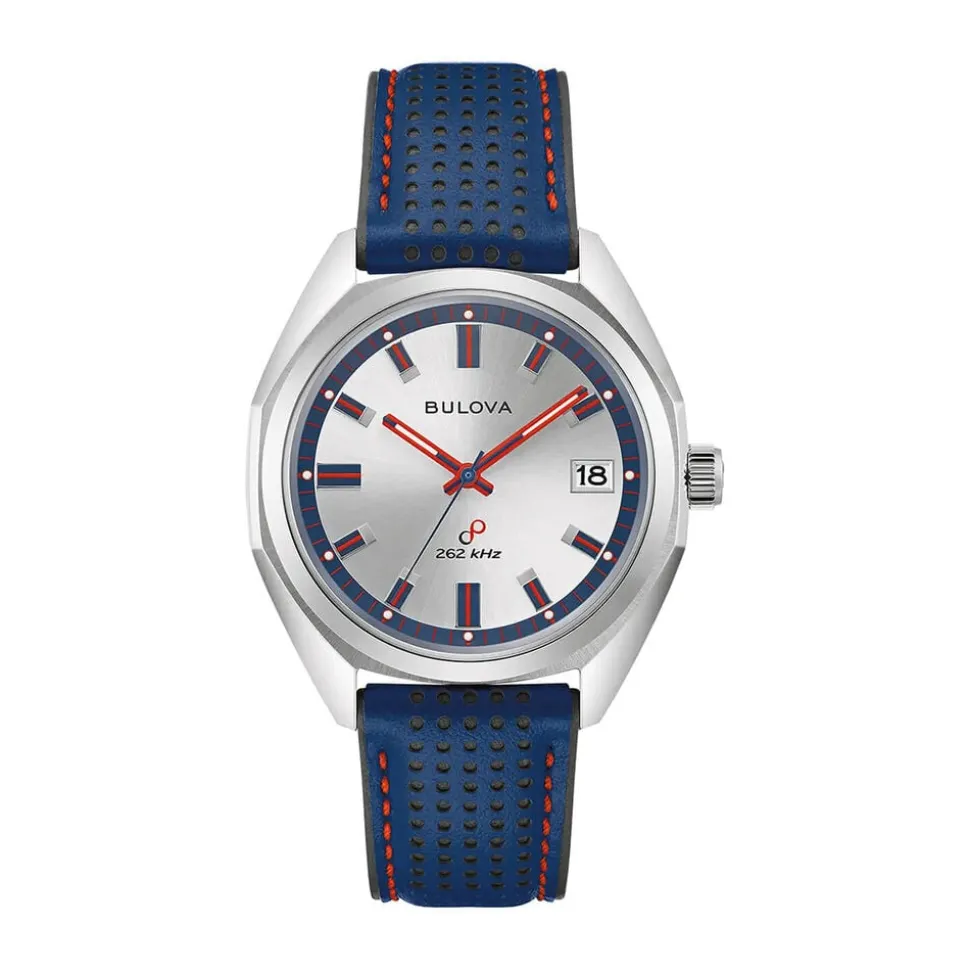 Bulova Jet Star Limited Edition 40mm Silver Dial Steel Bracelet & Blue Leather Strap Watch