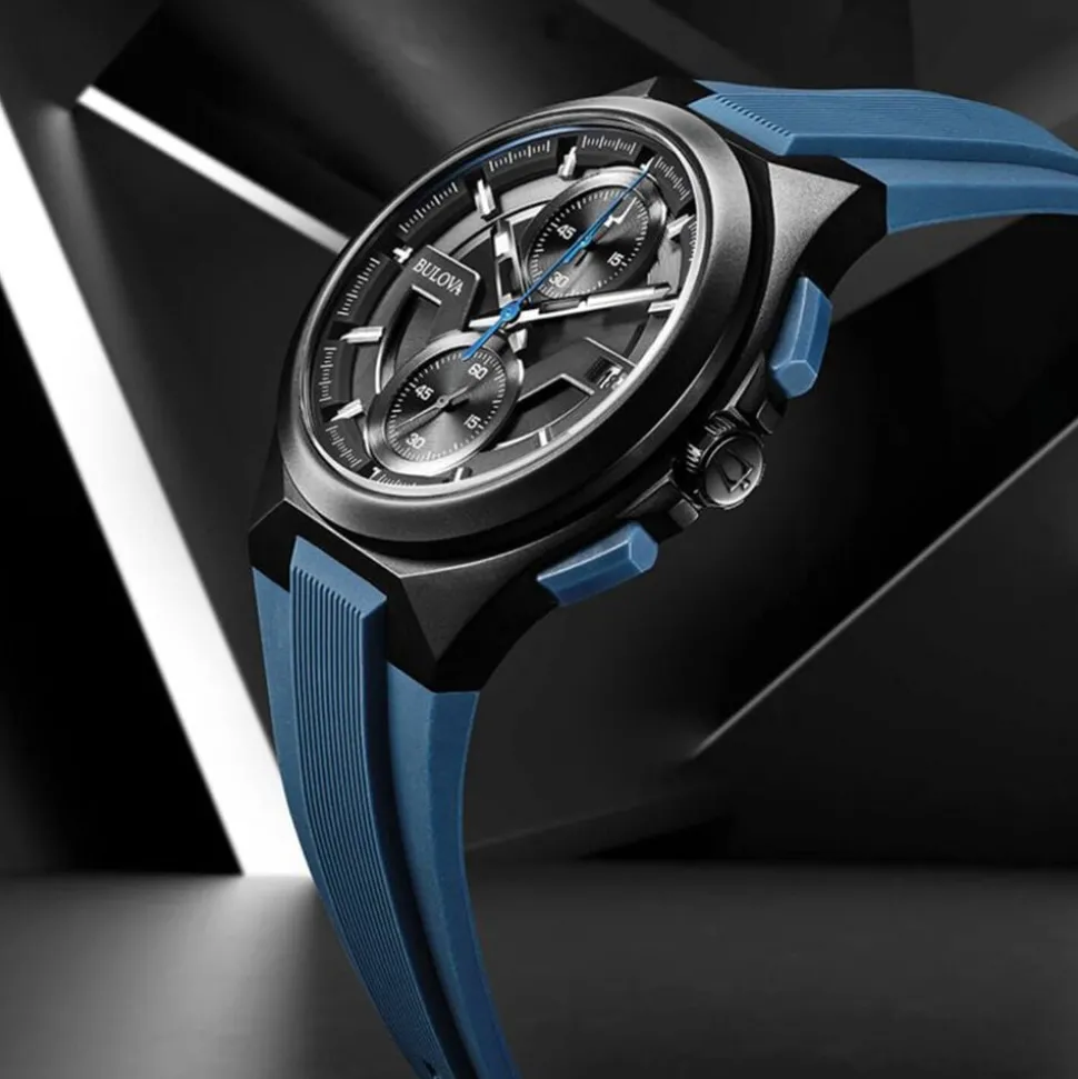 Bulova Maquina Chronograph 46mm Black Dial Blue Strap Watch