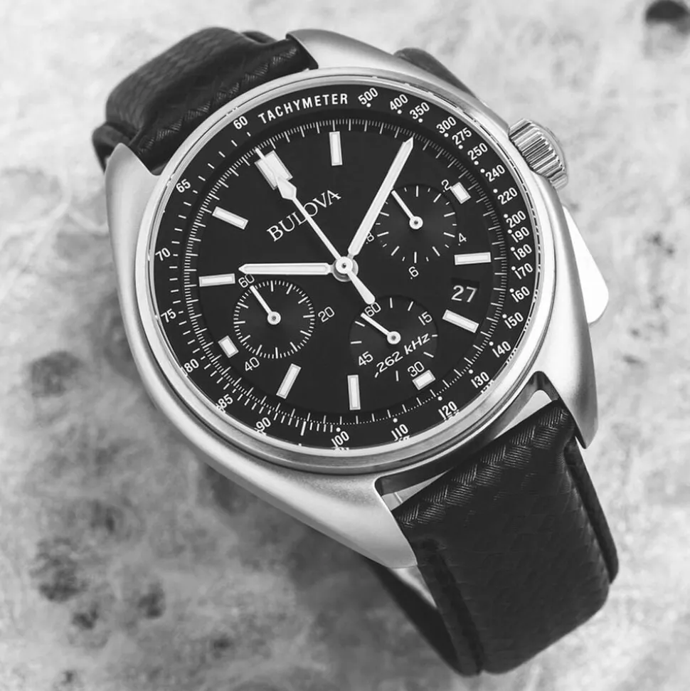Bulova Moonwatch 45mm Black Dial Steel Case Black Strap Watch
