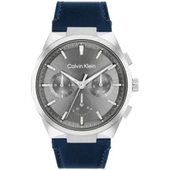 Calvin Klein 44mm Grey Dial Blue Leather Strap Watch