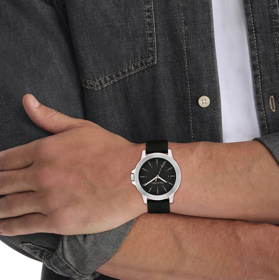 Calvin Klein Reset 42mm Black Dial Steel Case Black Rubber Strap Watch