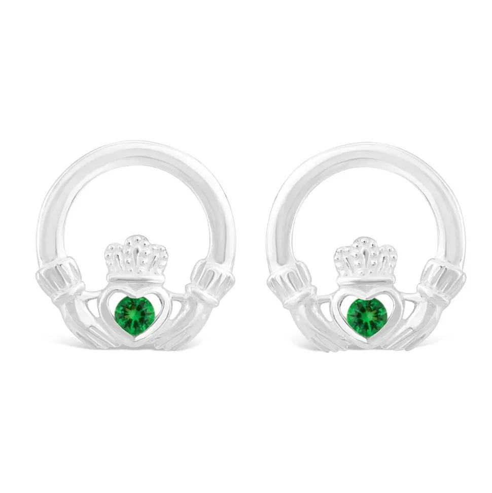 Celtic Claddagh Sterling Silver & Green Cubic Zirconia Earrings