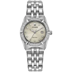 Citizen Eco-Drive Corso 28mm Champagne Dial Diamond Bezel Steel Bracelet