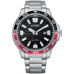 Citizen Eco-Drive Sport 45mm Black Dial Black & Red Bezel Steel Bracelet Watch