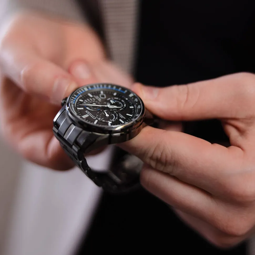 Citizen PCAT Eco Drive Worldtime Grey & Blue Chronograph Charcoal Bracelet Watch