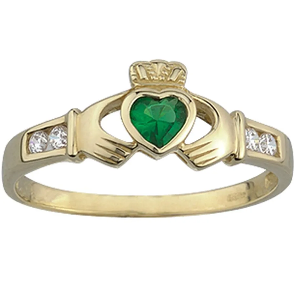 9ct Claddagh Green Heart Cubic Zirconia Shoulders Ring