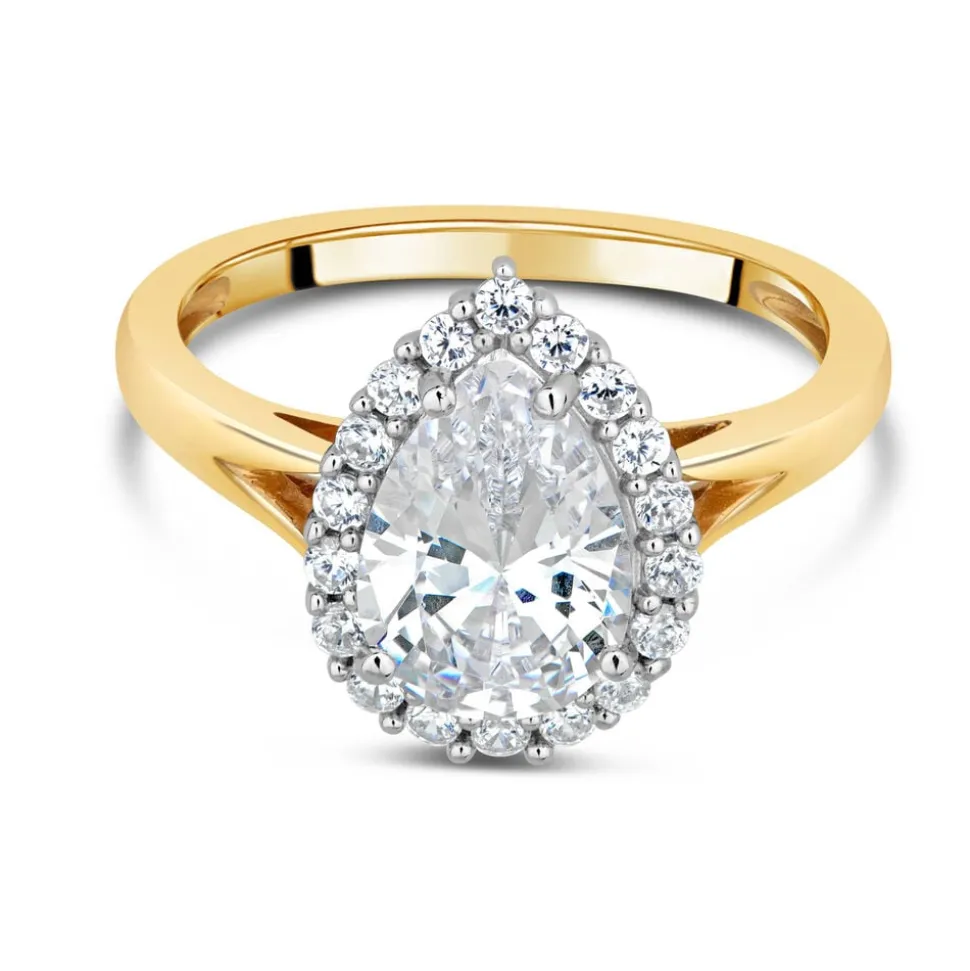 9ct Gold Pear Halo Cubic Zirconia Ring