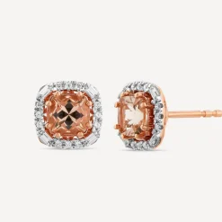 9ct Rose Gold Cushion Morganite & 0.20ct Baguette & Brilliant Diamond Surrounded Stud Earrings