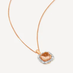 9ct Rose Gold Cushion Morganite & 0.25ct Baguette & Brilliant Diamond Surrounded Pendant