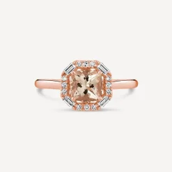 9ct Rose Gold Octagonal Morganite and Diamond Halo Ring