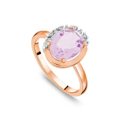 9ct Rose Gold Oval Amethyst & Half Set Diamond Surrounded Ring