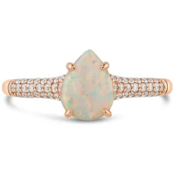 9ct Rose Gold Pear Created Opal Cubic Zirconia Pave Shells Ring
