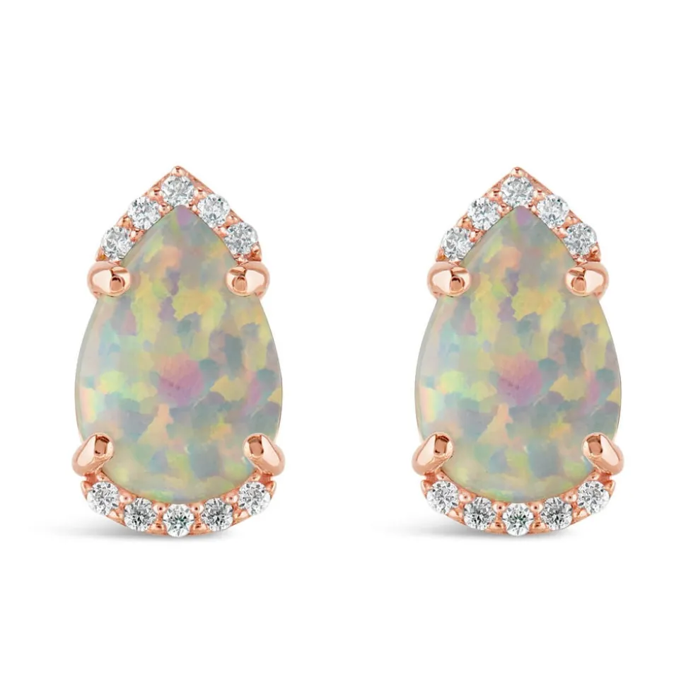 9ct Rose Gold Pear Opal Diamond Top&Bottom Stud Earrings