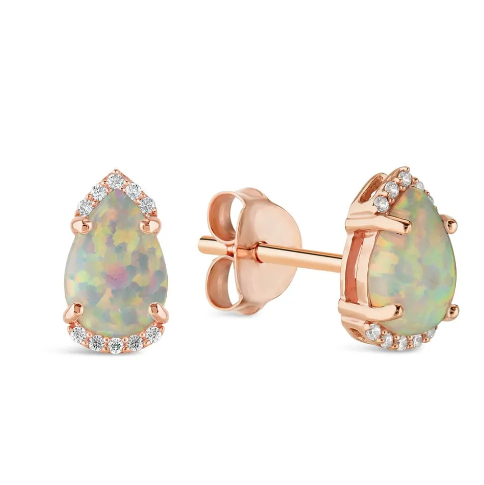 9ct Rose Gold Pear Opal Diamond Top&Bottom Stud Earrings