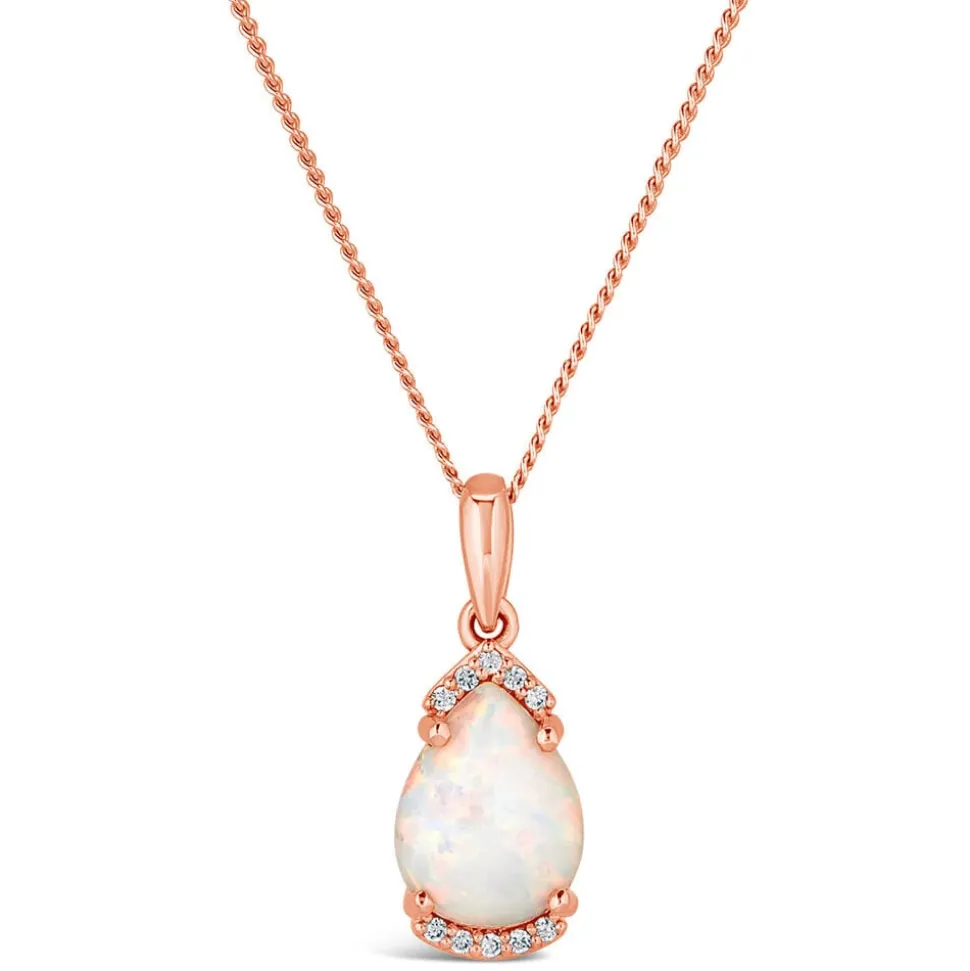 9ct Rose Pear Opal With Diamond Top Bottom Pendant