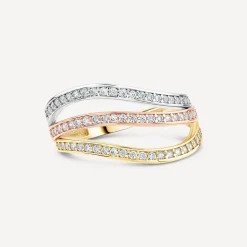 9ct Three Colour Gold Cubic Zirconia Set Three Strands Band Ring
