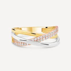 9ct Three Colour Gold Cubic Zirconia Set Cross Over Ring