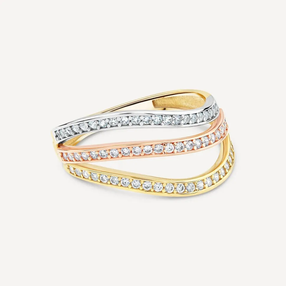 9ct Three Colour Gold Cubic Zirconia Set Three Strands Band Ring