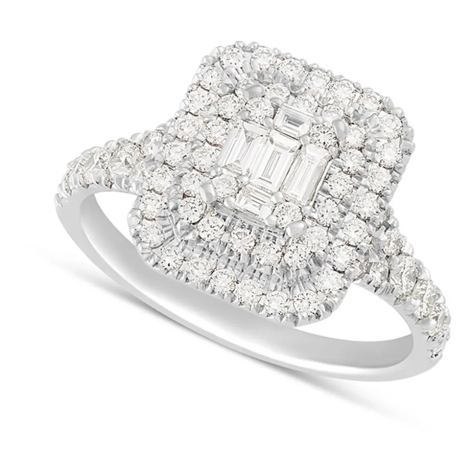 18ct White Gold 1.00 Carat Baguette and Round Brilliant Diamond Halo Cluster Ring