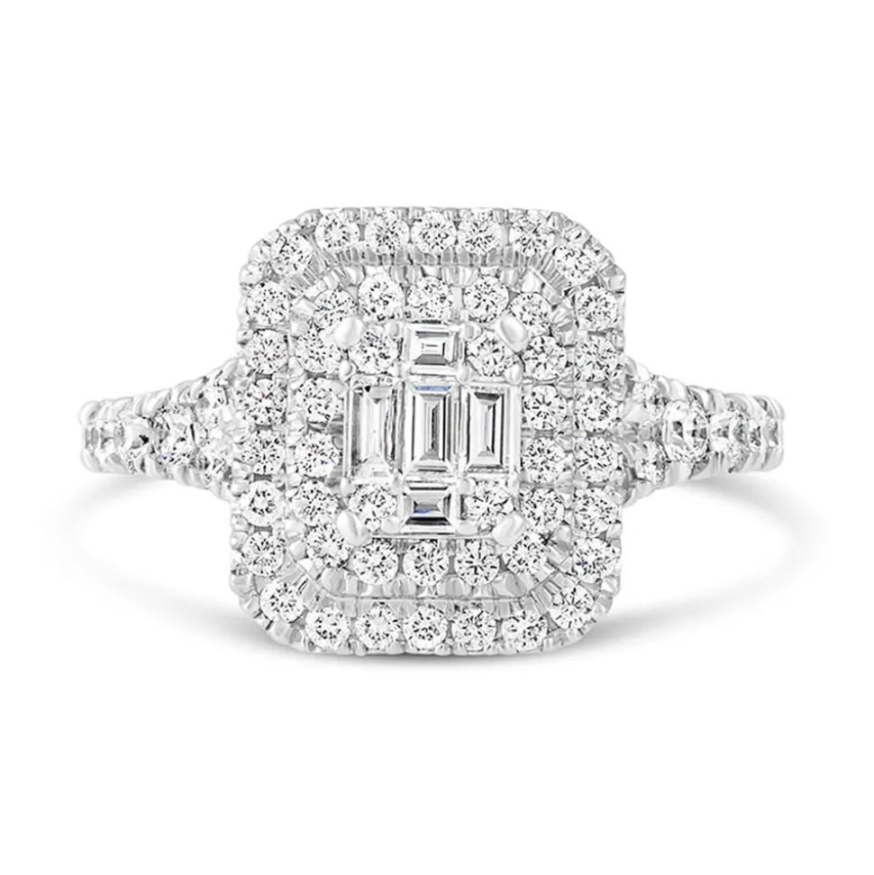 18ct White Gold 1.00 Carat Baguette and Round Brilliant Diamond Halo Cluster Ring