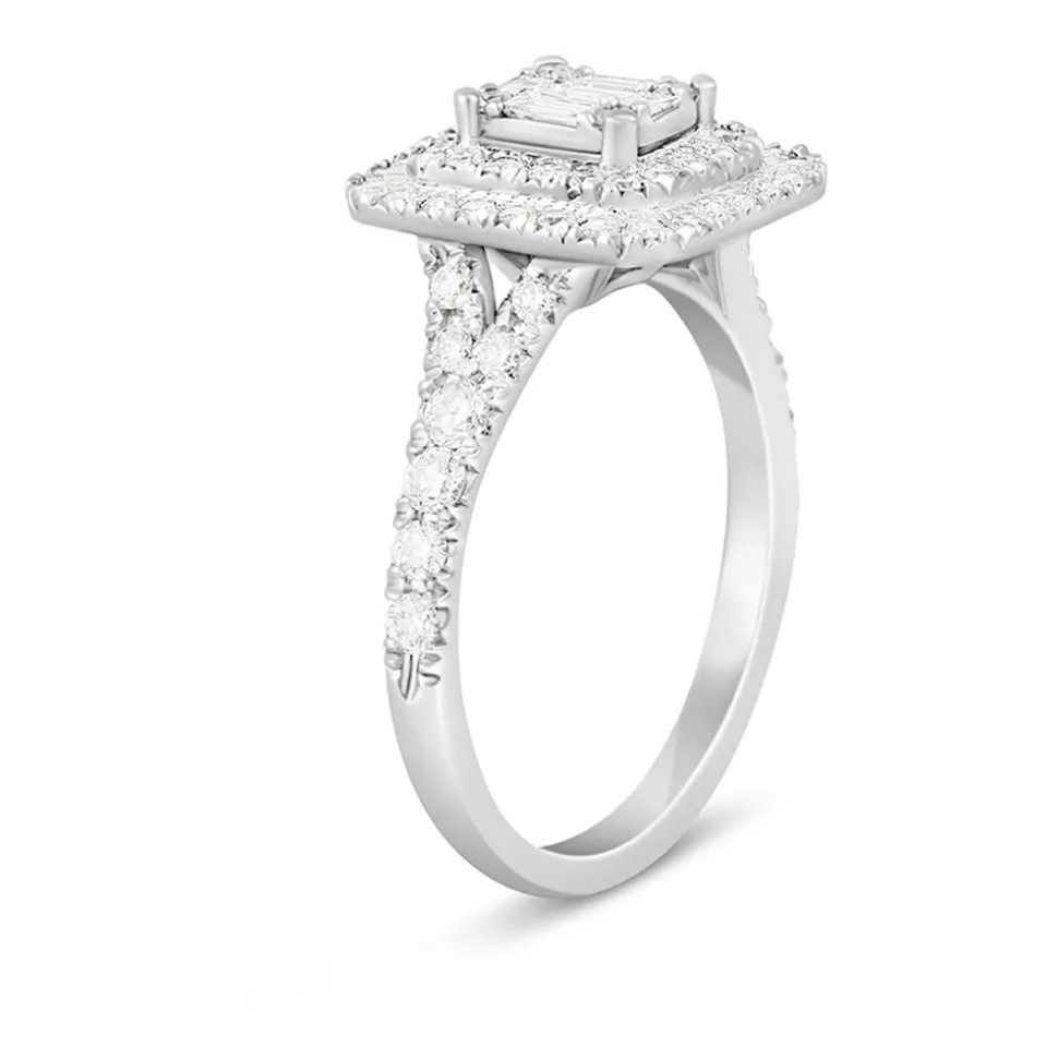 18ct White Gold 1.00 Carat Baguette and Round Brilliant Diamond Halo Cluster Ring