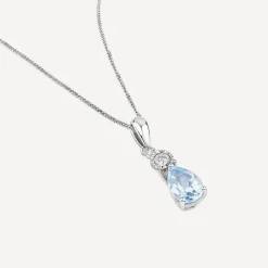 9ct White Gold Pear Blue Topaz & Diamond Top Pendant