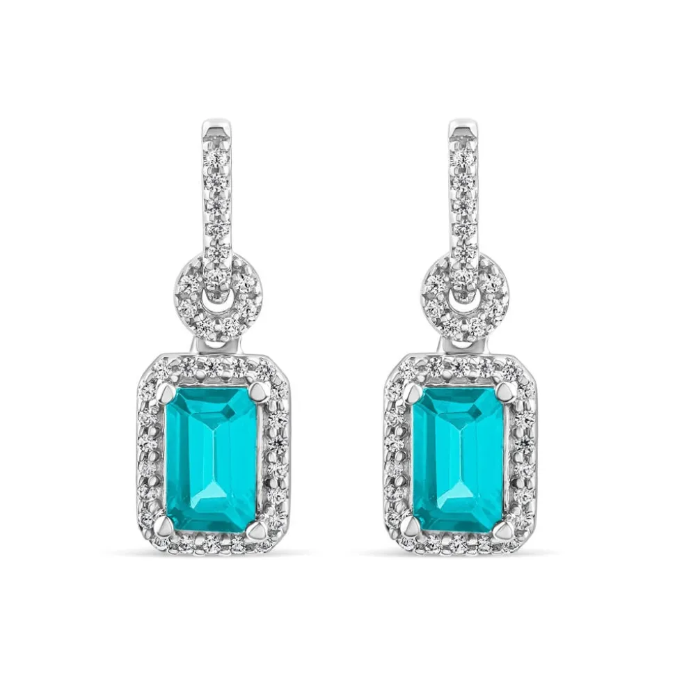 9ct White Gold Blue Topaz & 0.20ct Diamond Halo Drop Earrings