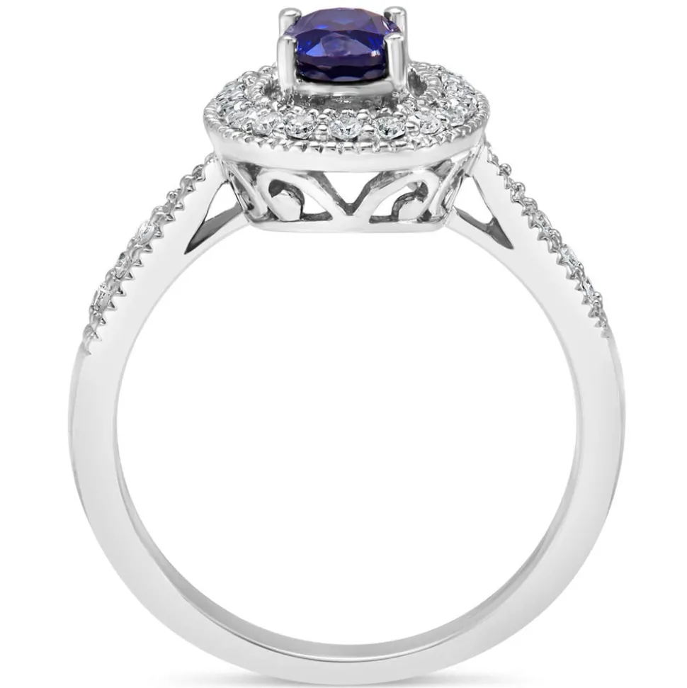 9ct White Gold Claw & Pave 0.17ct Diamond & Created Sapphire Halo Ladies Ring