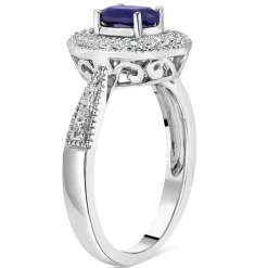 9ct White Gold Claw & Pave 0.17ct Diamond & Created Sapphire Halo Ladies Ring