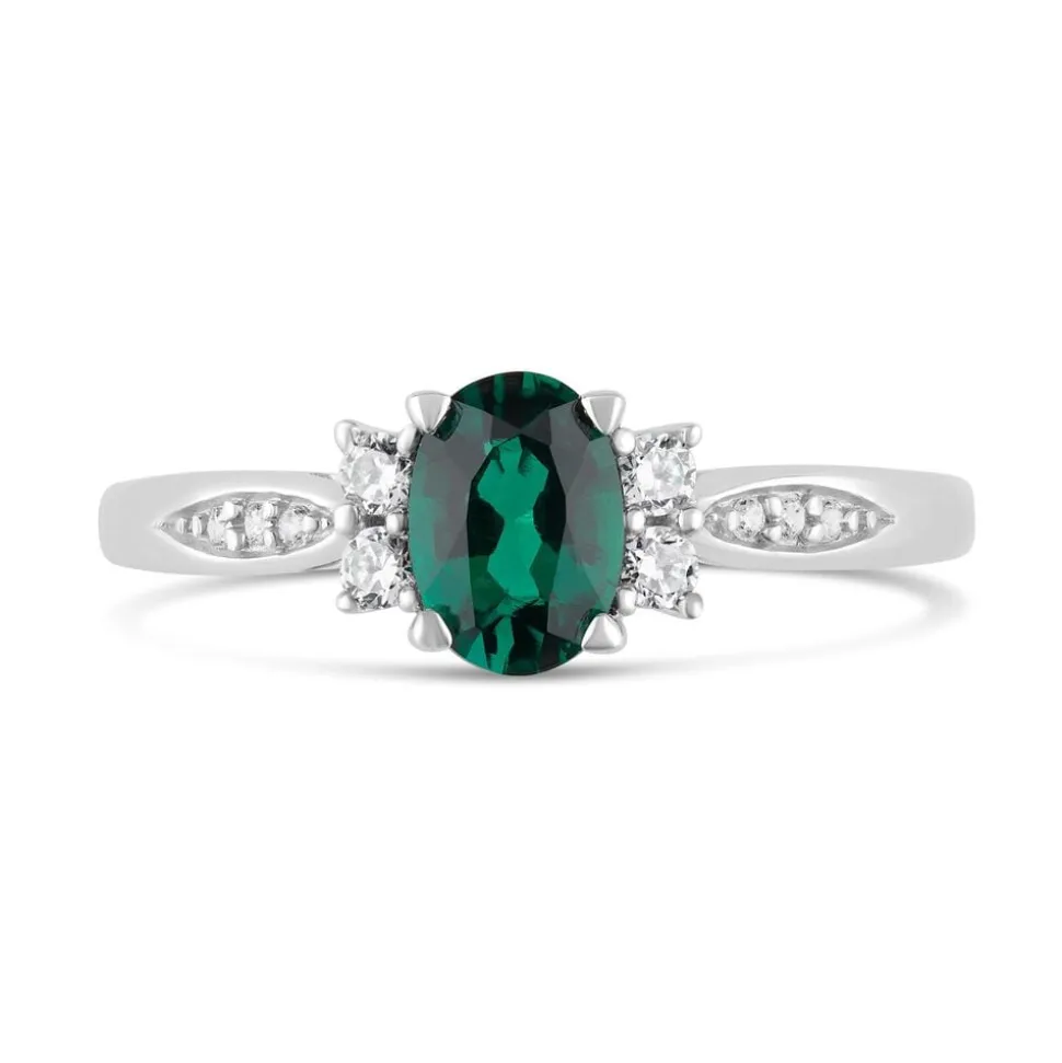 9ct White Gold Created Emerald & Cubic Zirconia Sides Ring