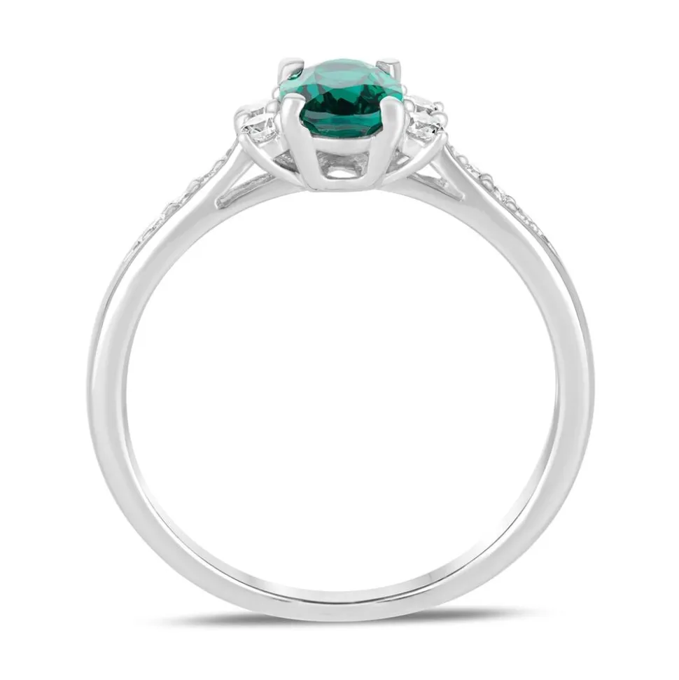 9ct White Gold Created Emerald & Cubic Zirconia Sides Ring