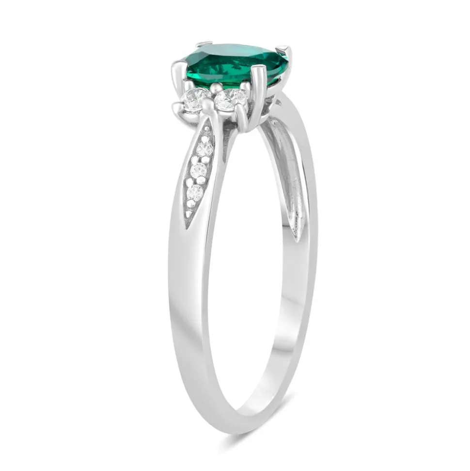 9ct White Gold Created Emerald & Cubic Zirconia Sides Ring
