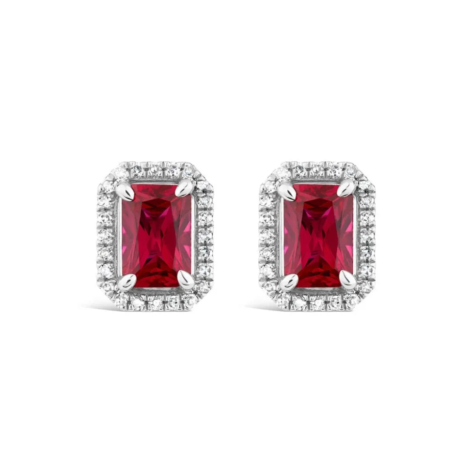 9ct White Gold Created Ruby And Diamond Rectangular Stud Earrings
