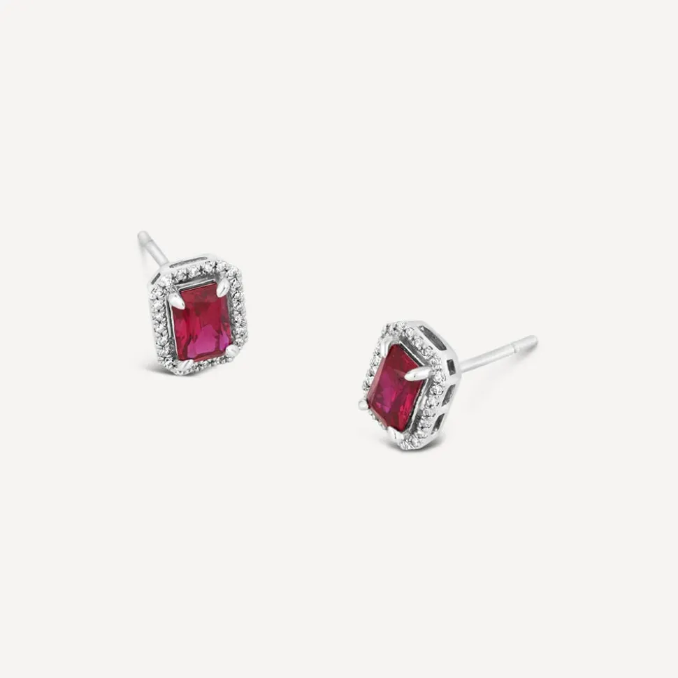 9ct White Gold Created Ruby And Diamond Rectangular Stud Earrings