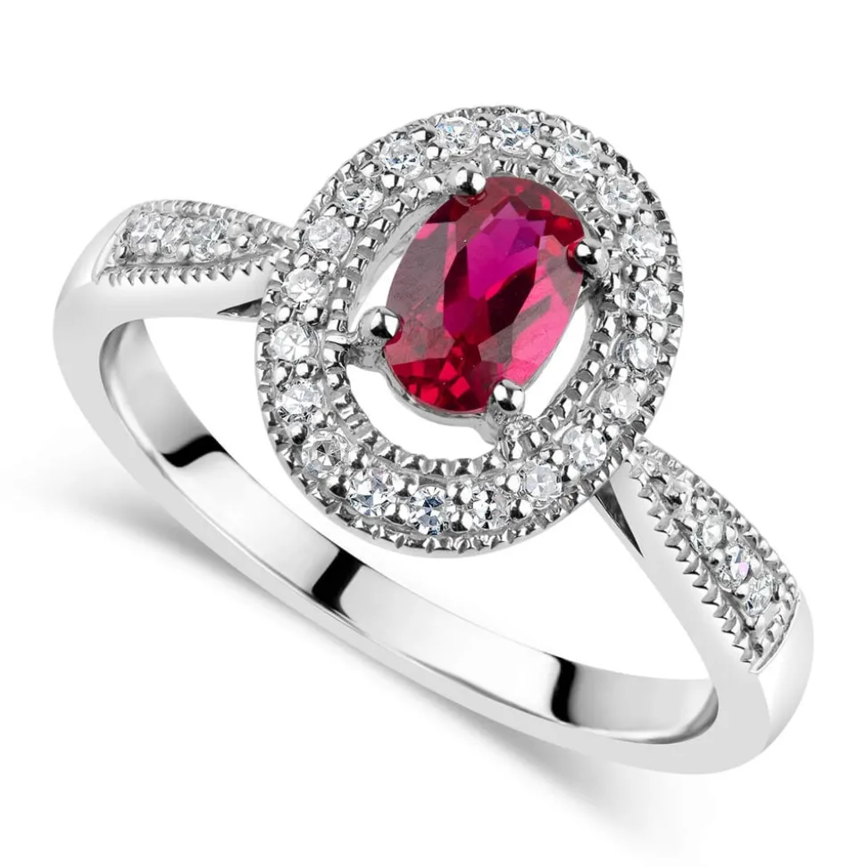 9ct White Gold 0.17ct Diamond and Created Ruby Pave Halo Ring