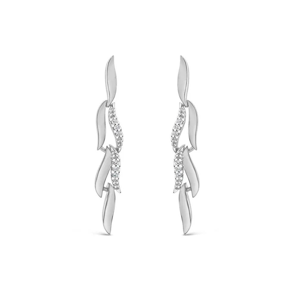 9ct White Gold 0.05ct Diamond Set & Polished Petals Drop Earrings