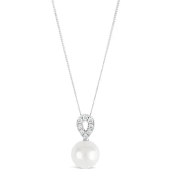 9ct White Gold 0.10ct Diamond and Pearl Loop Top Pendant